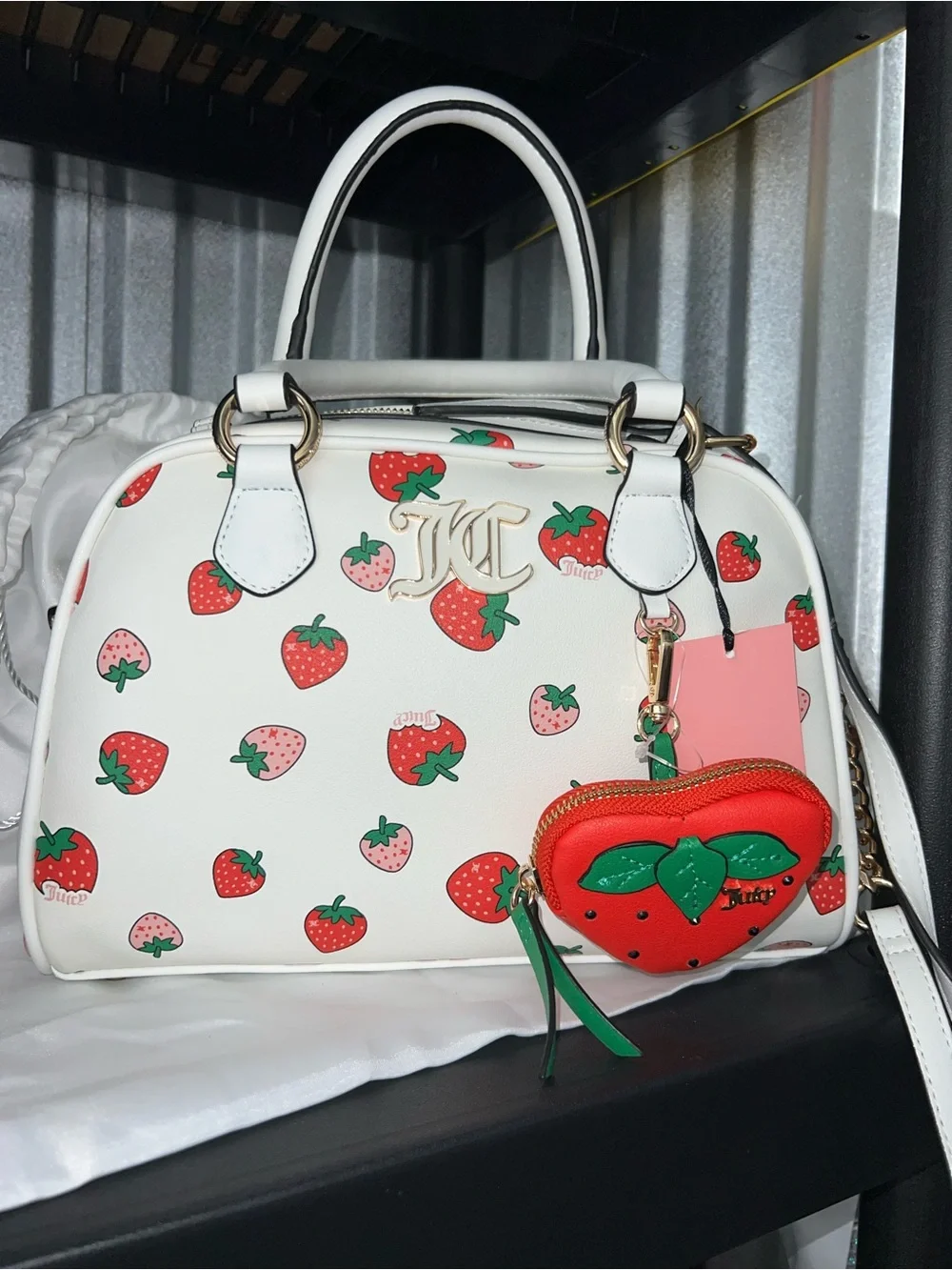Juicy Couture White Strawberry Print Satchel with Red Charm